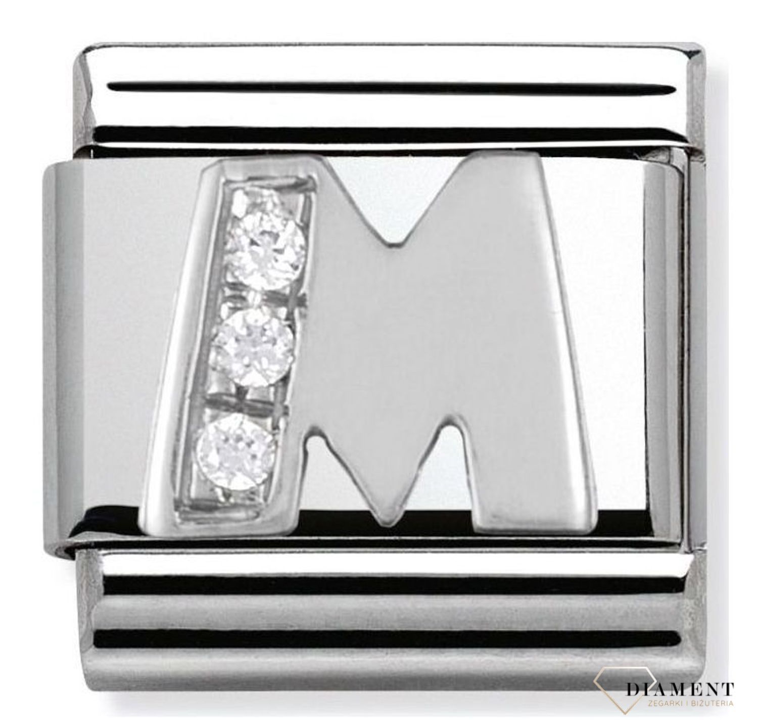 Nomination Link 925 zawieszka srebro 'Litera M' 330301 13. Ponadczasowa biżuteria, pozwalająca każdej kobiecie skomponować bransoletkę wedle własnych upodobań, a następnie modyfikować ją poprzez dodawanie i zmieniani.jpg